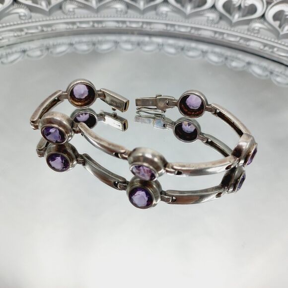 Vtg BOMA Sterling Silver 925 Natural Amethyst Link Bracelet - Picture 10 of 12